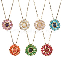 7Pcs 7 Colors Natural Carnelian & Mashan Jade & Amethyst & Tiger Eye & Rose Quartz & Glass Seed Beaded Flat Round Pendant 304 Stainless Steel Cable Chain Necklaces&nbsp;NJEW-MZ00129