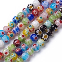 Handmade Millefiori Glass Round Bead Strands, Mixed Color, 6mm, Hole: 1mm, about 65~66pcs/strand, 14.5 inch