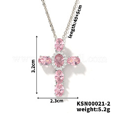 Brass Pave Cubic Zirconia Religion Cross Pendant Necklaces, Western Style Jewelry for Women Men, Platinum, Pink, 15.75 inch(40cm)