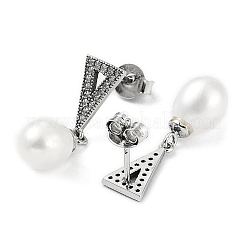 Anti-Tarnish Cubic Zirconia Triangle with Natural Pearl Dangle Stud Earrings&nbsp;EJEW-F318-05P