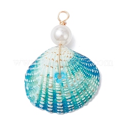 Dyed Natural Shell & Imitaiton Round White Pearl Pendants&nbsp;PALLOY-JF04443-01