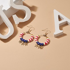Independence Day Polymer Clay Heishi Beaded Ring with Star Dangle Earrings&nbsp;EJEW-TA00186