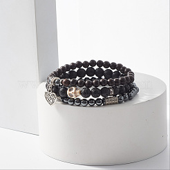 3Pcs 3 Style Natural Lava Rock & Wood Beaded Stretch Bracelets Set with Skull&nbsp;BJEW-JB07827