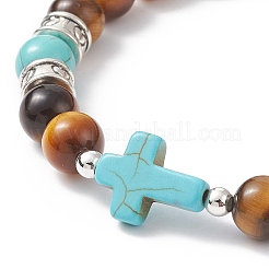 Natural Tiger Eye & Synthetic Turquoise(Dyed) Cross Beaded Bracelet&nbsp;BJEW-TA00179-01