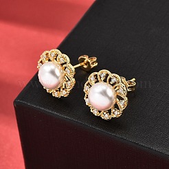 Flower Brass Micro Pave Clear Cubic Zirconia Stud Earrings&nbsp;EJEW-A135-24G