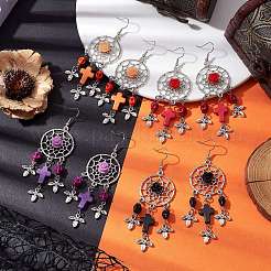 4 Pairs 4 Colors Woven Web/Net with Cross & Skull Synthetic Turquoise Dangle Earrings&nbsp;EJEW-JE05865