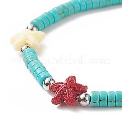 Dyed Synthetic Turquoise(Dyed) Heishi Beaded Bracelets with Dyed Synthetic Coral Starfish&nbsp;BJEW-JB09194-01