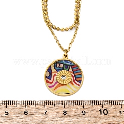 304 Stainless Steel & Plastic Colorful Flat Round Pendant Double Layer Necklaces for Women&nbsp;NJEW-U032-05G