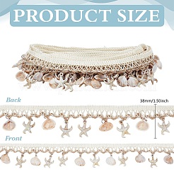 Polyester with Resin Shell Shape & Starfish Charm Lace Ribbon&nbsp;OCOR-WH0078-398-1