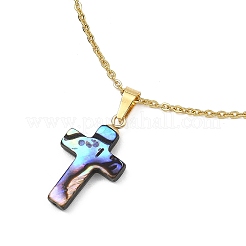 Natural Abalone Shell Religion Cross Pendant 304 Stainless Steel Cable Chain Necklaces for Women&nbsp;NJEW-JN06003
