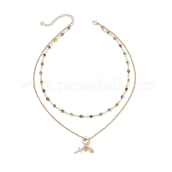 Brass Pave Clear Cubic Zirconia Cross Heart Evil Eye Pendant Handmade Evil Eye Lampwork 304 Stainless Steel Chain Double Layer Necklaces for Women&nbsp;NJEW-JN05398-03