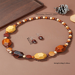 Wood Polygon & Round Beaded Necklaces & Dangle Earrings Sets for Women&nbsp;FS-WG70D3F-02