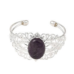 Oval Natural Mixed Stone Brass Hollow Floral Cuff Bangles for Women&nbsp;BJEW-JB14504