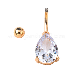Real 18K Gold Plated Teardrop Brass Cubic Zirconia Navel Ring Navel Ring Belly Rings&nbsp;AJEW-EE0001-13B