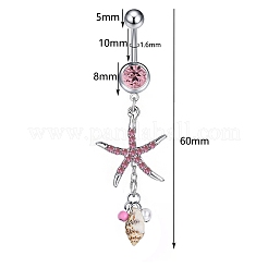 304 Stainless Steel Pave Cubic Zirconia & Plastic Pearl & Natural Shell Starfish Curved Barbell Dangle Belly Rings&nbsp;FS-WGCE39A-03