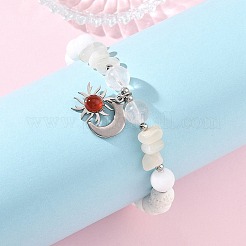 Natural White Moonstone Chip & Round Synthetic Lava Rock & Natural Quartz Crystal Beaded Stretch Bracelets&nbsp;BJEW-JB14300