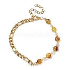 Natural Amber & Cultured Freshwater Pearl Beads Link Bracelets&nbsp;BJEW-JB13694-01