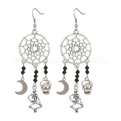 Halloween 304 Stainless Steel & Alloy & Glass Skull & Skeleton & Moon Dangle Earrings&nbsp;EJEW-TA00831