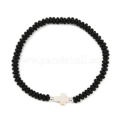 Natural Lava Rock Rondelle & Synthetic Turquoise Cross Beads Stretch Bracelets for Women&nbsp;BJEW-JB12053-02