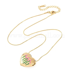 304 Stainless Steel Enamel Heart with Flower Pendant Necklaces for Women&nbsp;NJEW-D347-01G-01