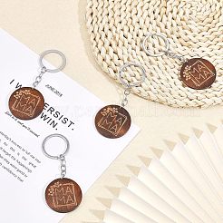 Engraved Wooden Flat Round Pendant Keychains&nbsp;FIND-WH0150-17