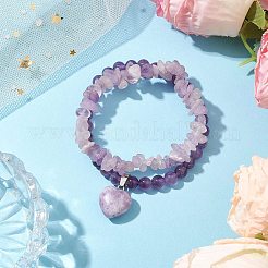 2pcs 2 Styles 6mm Round & Chip Natural Amethyst Beaded Stretch Bracelet Sets&nbsp;BJEW-TA00517-03
