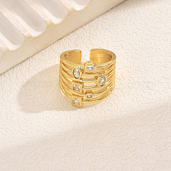 Brass Pave Cubic Zirconia Irregular Geometric Multi-layer Cuff Rings for Women&nbsp;IO9593