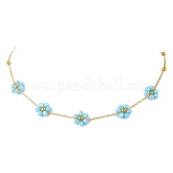 2Pcs 2 Colors Brass & Faceted Round Glass Beaded Flower Link Chain Necklaces&nbsp;NJEW-JN05296