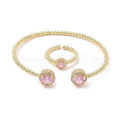Round Brass Micro Pave Cubic Zirconia Cuff Bangles & Rings Sets for Women&nbsp;SJEW-R002-01G-06