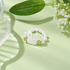 Round Shell Pearl & Brass Beads Stretch Rings&nbsp;RJEW-JR00689-01