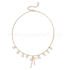 Natural White Moonstone Chip & Brass Bowknot Pendant Brass Bar Link Chain Necklaces&nbsp;NJEW-JN05429-01