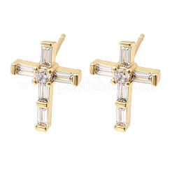 Cross Brass Micro Pave Clear Cubic Zirconia Stud Earrings&nbsp;EJEW-C186-18G-02