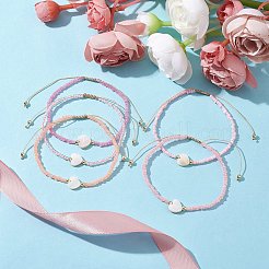 5Pcs 5 Colors Natural Shell Heart & Seed Braided Bead Bracelets Set&nbsp;BJEW-JB10039-02
