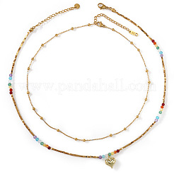 Rainbow Natural Mixed Stoned Beaded Double Layer Necklaces with Stainless Steel Heart Pendant for Beach Vacation&nbsp;KB9378-1