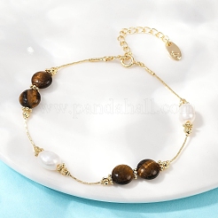 Brass Natural Freshwater Pearl Beaded Bracelets for Women&nbsp;BJEW-U046-01G