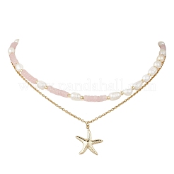 Natural Rose Quartz Heishi Beads and Rice Natural Pearl Beaded Double Layer 304 Stainless Steel Starfish Pendant Necklaces&nbsp;NJEW-JN05847-03