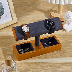 T-Shaped Bar Wood with Velvet Watch Organizer Display Stands with Rectangle Trays for Rings Necklaces Earrings&nbsp;ODIS-PH0009-16B