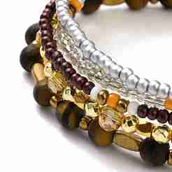 5Pcs 5 Style Natural Frosted Tiger Eye & Synthetic Hematite & Glass Sead Beads Stretch Bracelets Set&nbsp;BJEW-JB07670-01