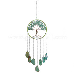 Brass Wire Wrapped Natural Green Aventurine Chips Tree of Life Pendant Decorations&nbsp;HJEW-D302-03