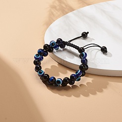 Natural Blue Tiger Eye(Dyed & Heated) & Eyeless Obsidian & Resin Evil Eye Braided Bead Bracelet&nbsp;BJEW-JB08840-04