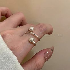 Alloy with Plastic Pearl Round Bead Adjustable Cuff Open Rings for Women&nbsp;FS-WGFAAAF-01