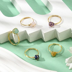 Copper Wire Wrapped Natural Quartz Crystal & Rose Quartz & Green Aventurine & Lapis Lazuli & Topaz Jade  Nuggets Finger Rings for Women&nbsp;RJEW-JR00794