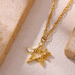 Brass Pave Clear Cubic Zirconia Star Pendant 304 Stainless Steel Chain Necklaces for Women&nbsp;WGB880E-01