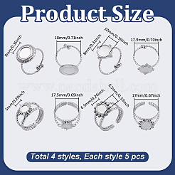 20Pcs 4 Styles 304/201 Stainless Steel Open Cuff Ring Findings&nbsp;STAS-ME0003-06