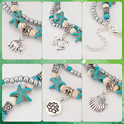 8Pcs 8 Style Synthetic Turquoise Starfish & Seed & Resin Beaded Double Layer Multi-strand Anklets Set&nbsp;AJEW-AN0001-03