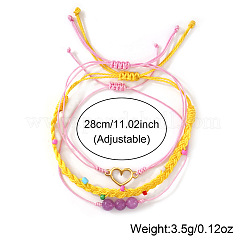 3Pcs 3 Styles Natural Amethyst & Glass Round Beads Braided Bead Bracelets & Stainless Steel Heart Link Bracelets&nbsp;LB7339-2