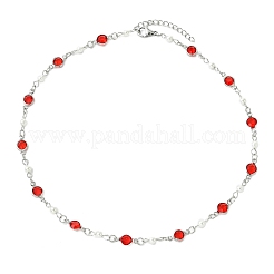 304 Stainless Steel Glass Flat Round Link Chain Necklaces with Shell Pearl for Women&nbsp;NJEW-JN06160