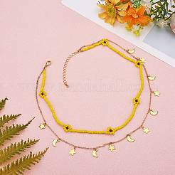 Glass Seed Braided Flower Double Layer Necklace&nbsp;NJEW-SW00015-01