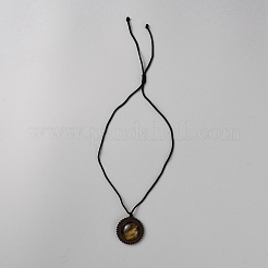 Natural Tiger Eye & Wood Flower Pendant Necklace with Adjustable Nylon Cords&nbsp;NJEW-WH0002-118A