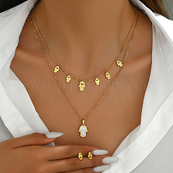 Elegant Vintage Stainless Steel Rhinestone Hamsa Hand Stud Earrings & Double-layer Necklace Sets for Women&nbsp;QF7163